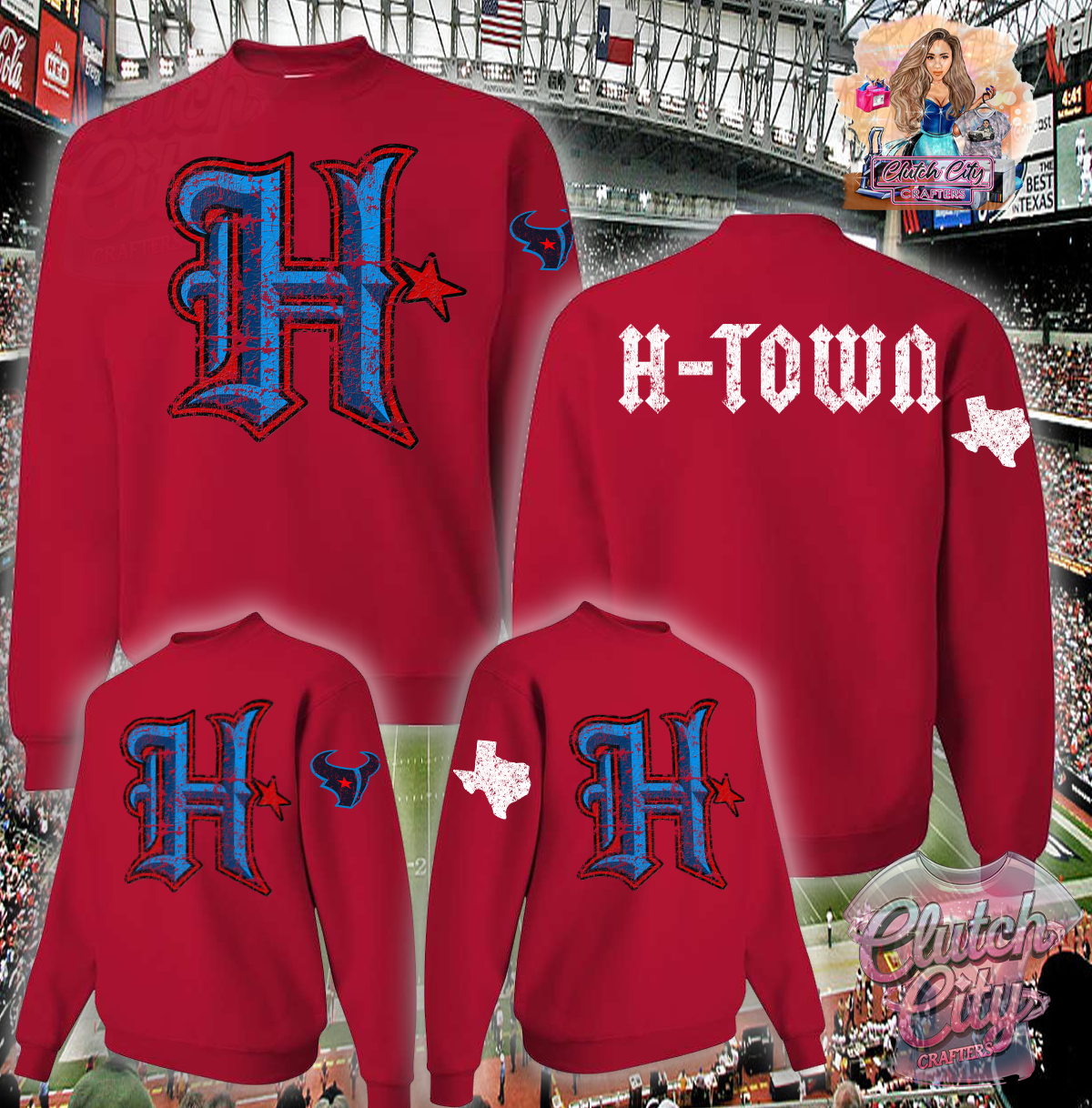 Htown on BACK big H on front with sleeves distressed red Sweatshirt