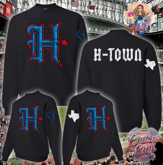 Htown on BACK big H on front with sleeves distressed BLACK Sweatshirt