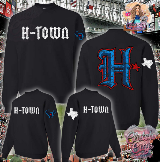 Htown on FRONT big H on back with sleeves distressed BLACK Sweatshirt