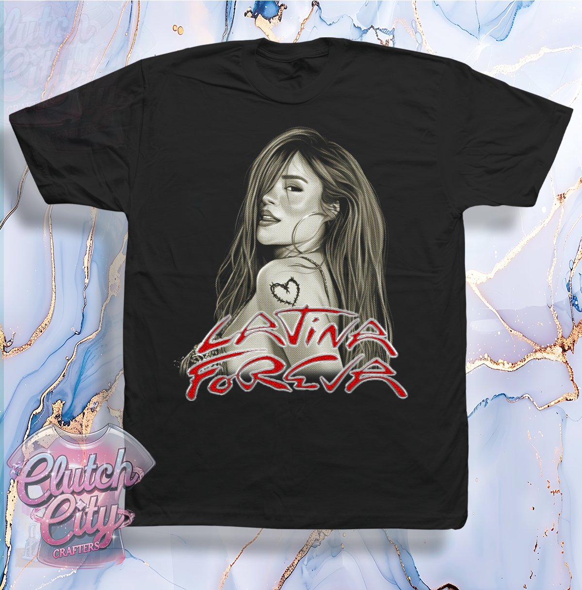 Latina Foreva RED Glitter font BLACK TEE