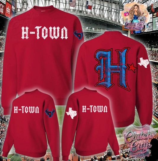 Htown on FRONT big H on back with sleeves distressed red Sweatshirt