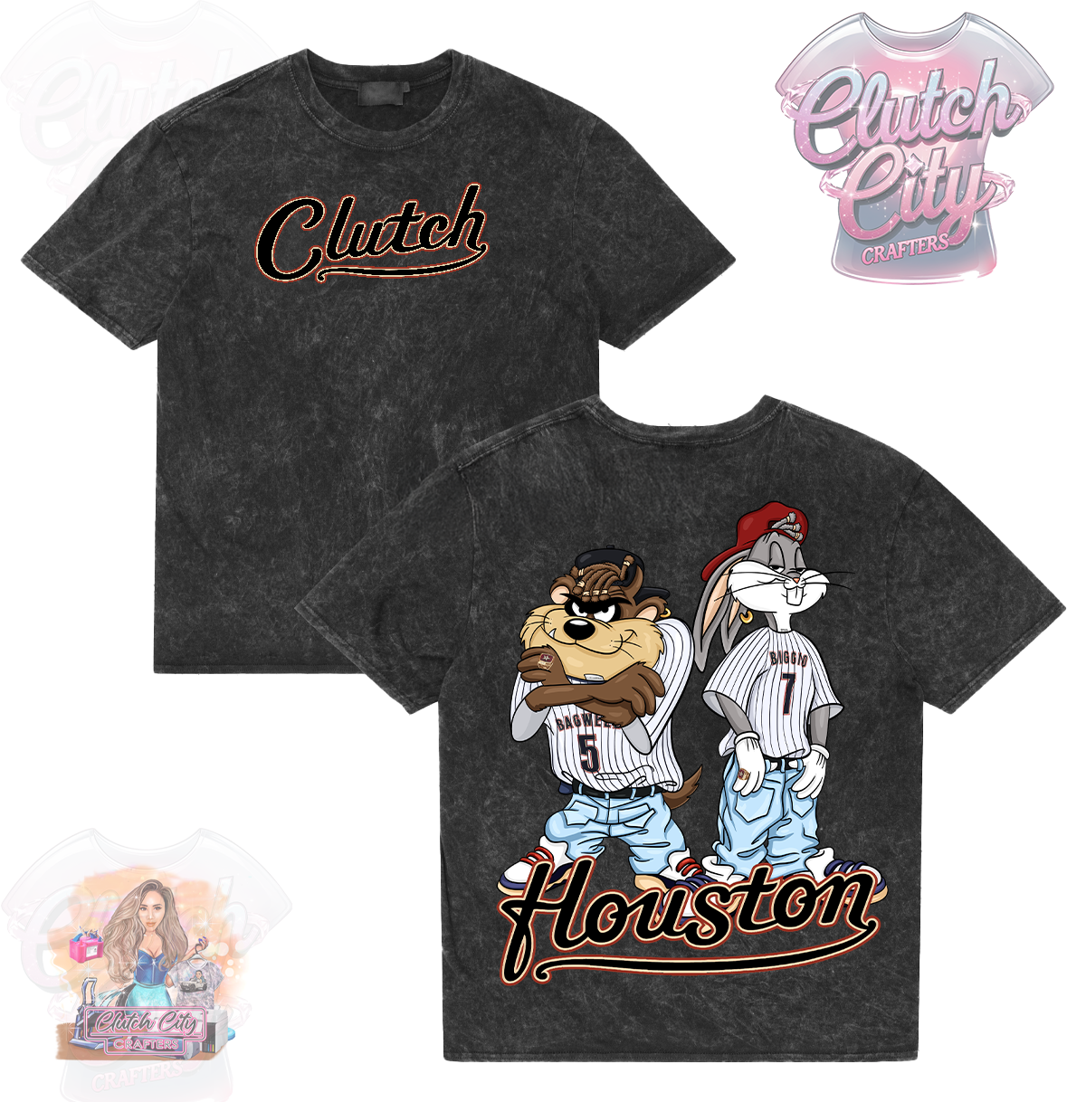 Criss Cross Looneys Astros Black Mineral Acid Wash Tee