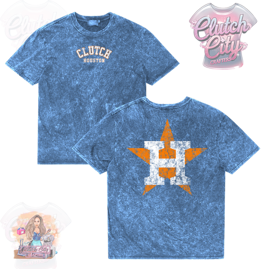 Distressed H BLUE Mineral Acid Wash Tee