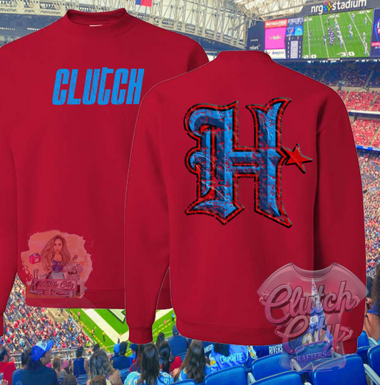 Htown with Blue Clutch Red Sweater