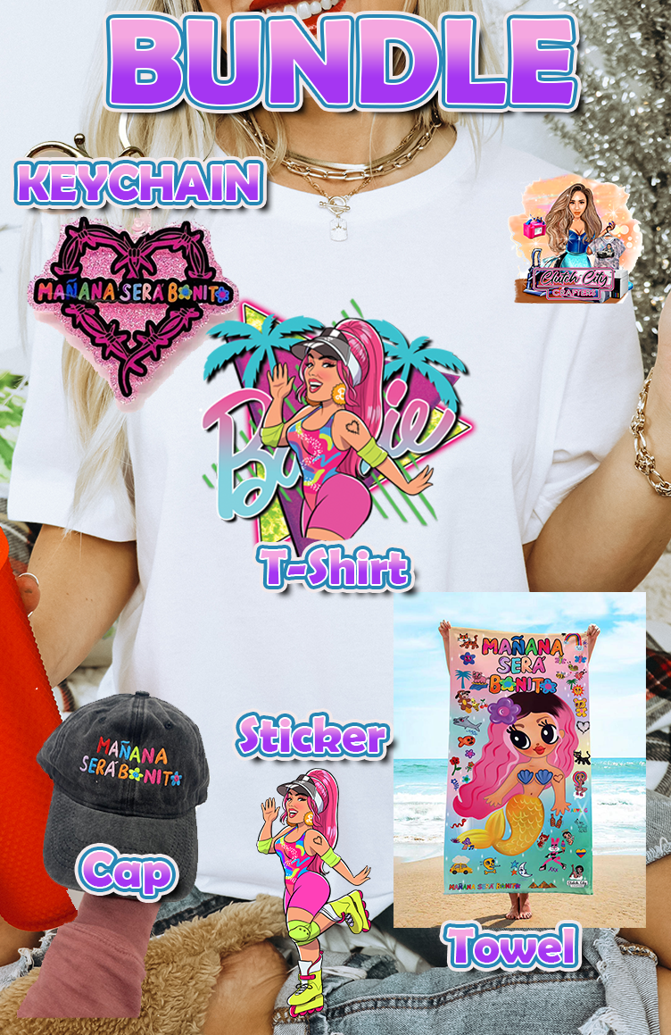 Barbie Bundle Towel-Cap- keychain-Tee-Sticker