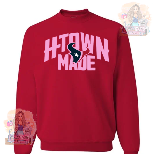 Htown Made Pink Font on Red sweater