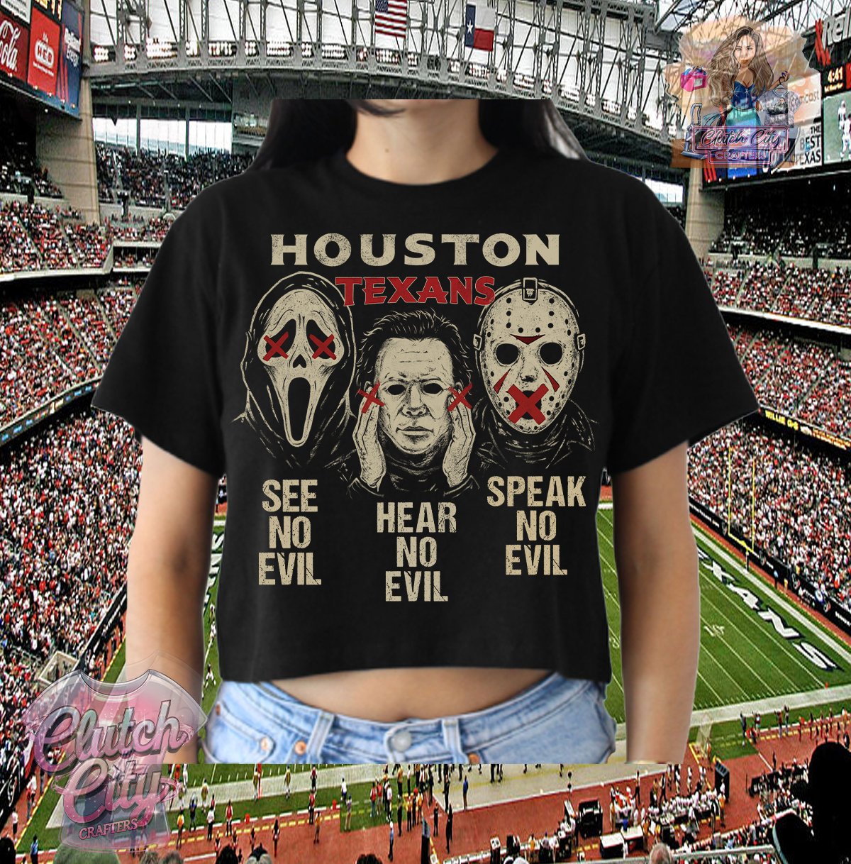 No Evil Houston Texans Black WOMENS CROP TOP