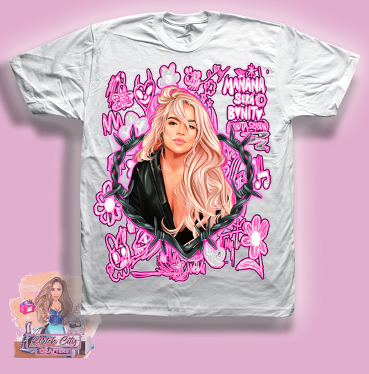 Karol G White Tee with Pink Background