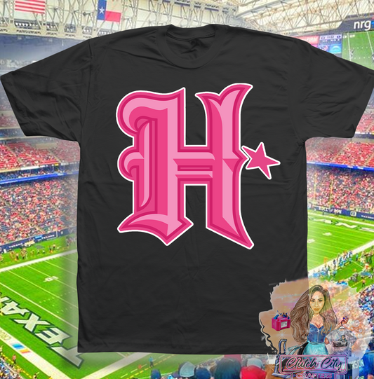 Texans Pink H On Black Tee