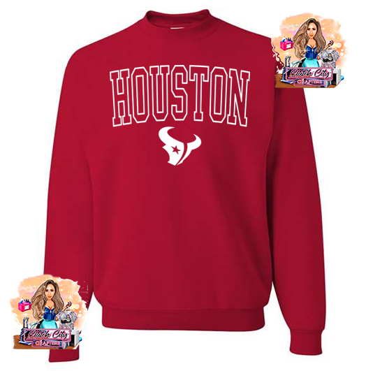 Houston white with logo on Red sweater